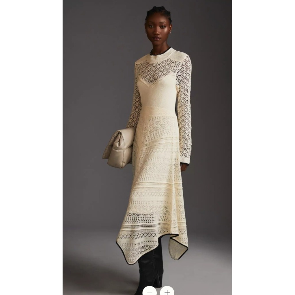 Anthropologie Maxi Dress Women's XS Cream Crochet Knit Handkerchief‎ Hem Boho